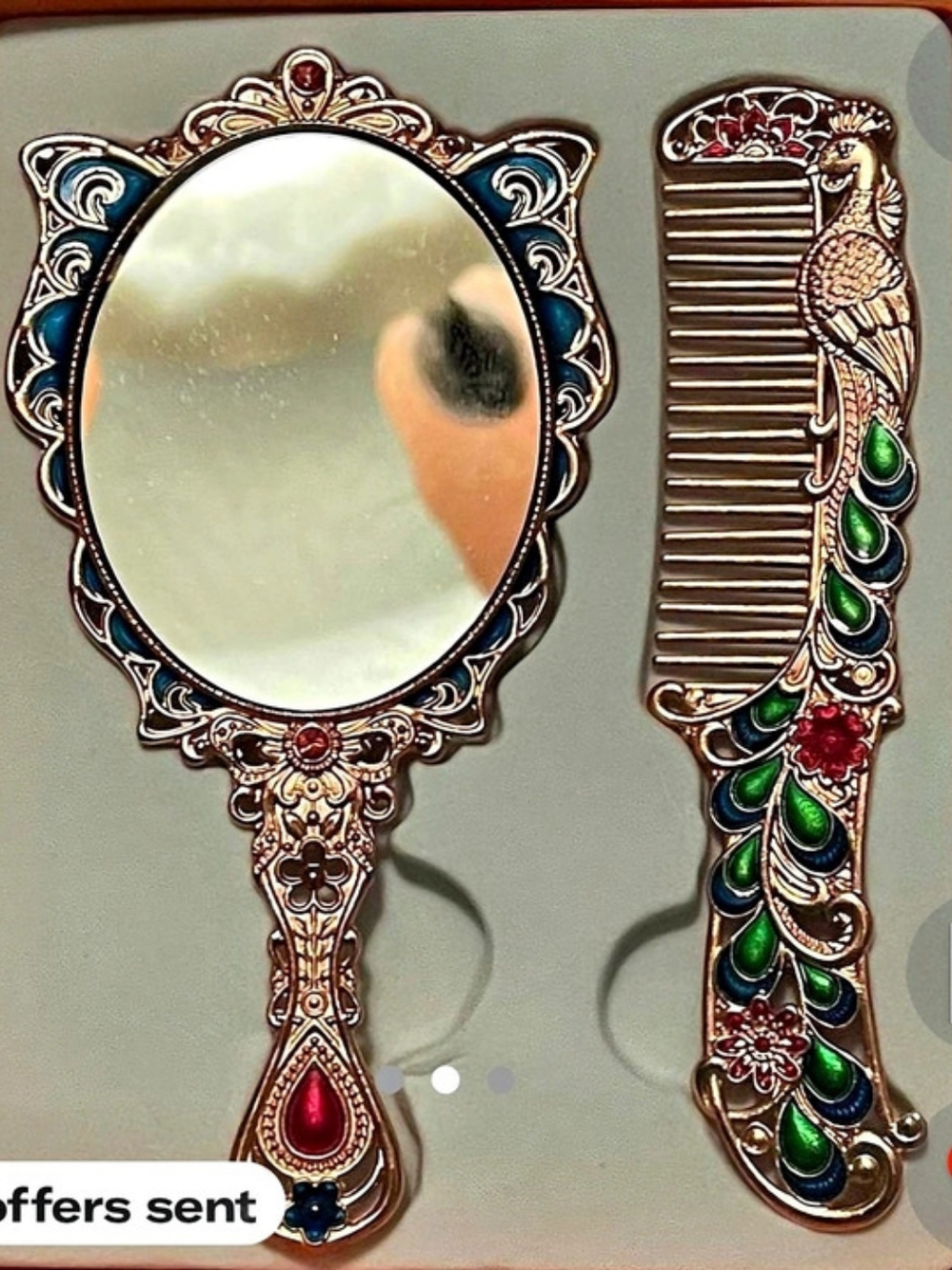 Maniya Victorian Ornate Peacock Mirror & Comb Set Gold & Green